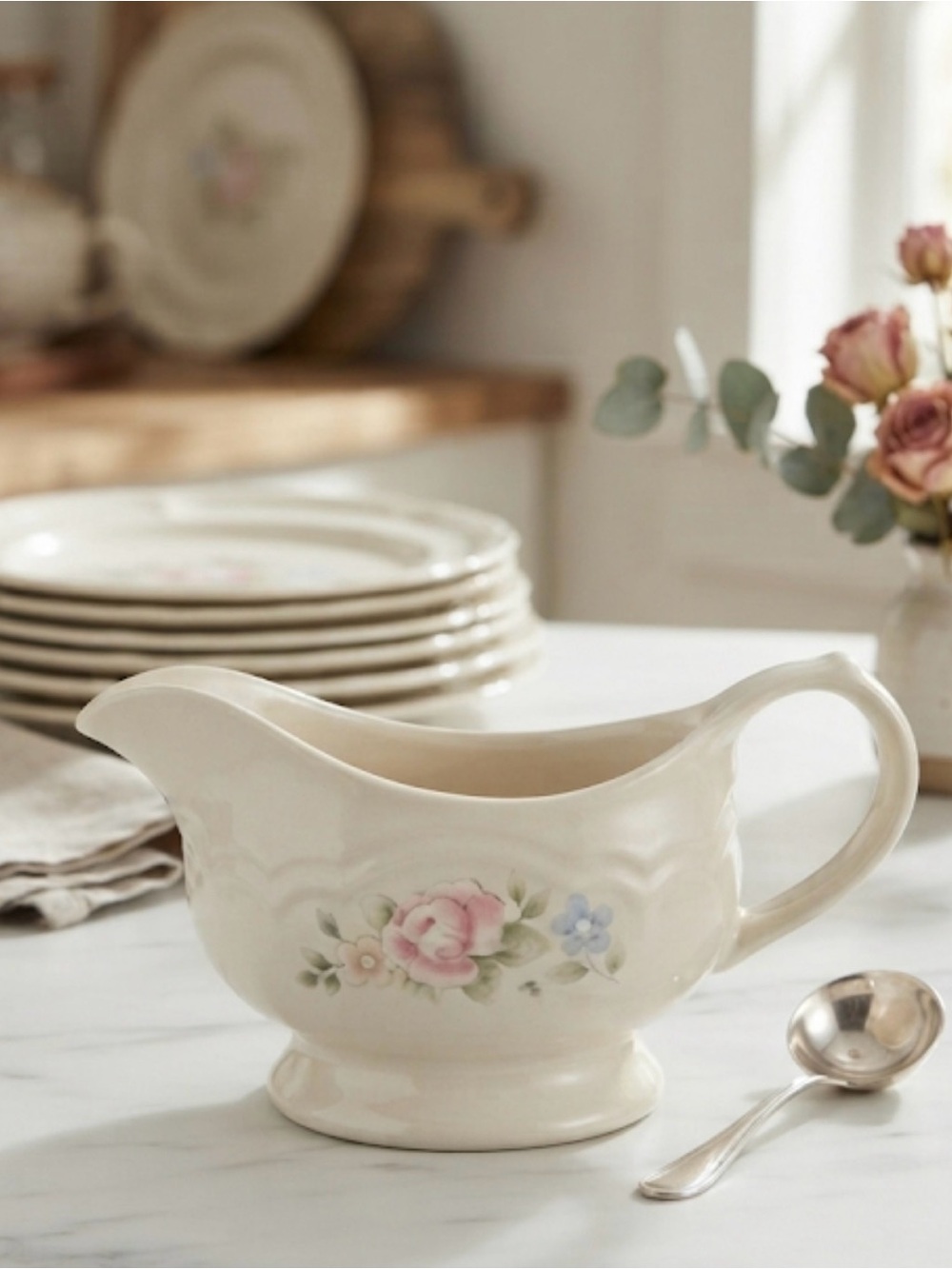 Vintage Pfaltzgraff Tea Rose Stoneware Gravy Boat Server